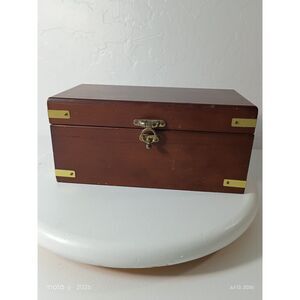 Vintage Wood Jewelry Chest Removable Tray Red Velvet Lining Brass Hardware